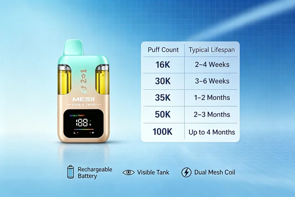 How Long Do Rechargeable Disposable Vapes Last 16K vs 30K vs 35K vs 50K vs 100K Puff Comparison.webp