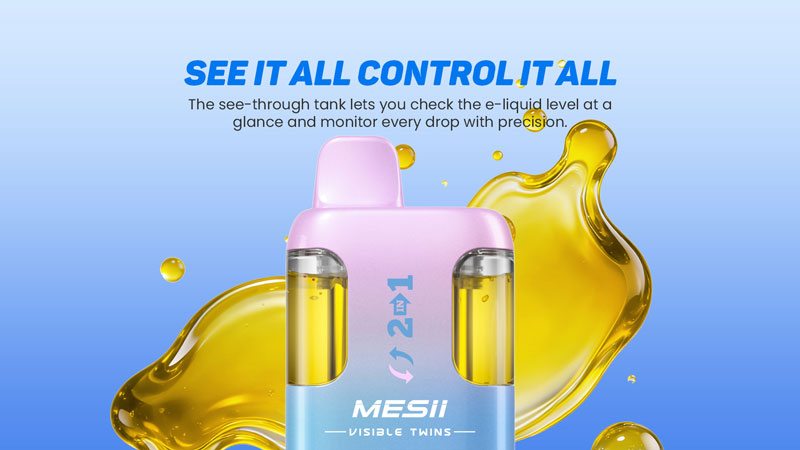 Mesii 100K Vape transparent e-liquid rechargeable disposable vape with crystal clear oil display.jpg